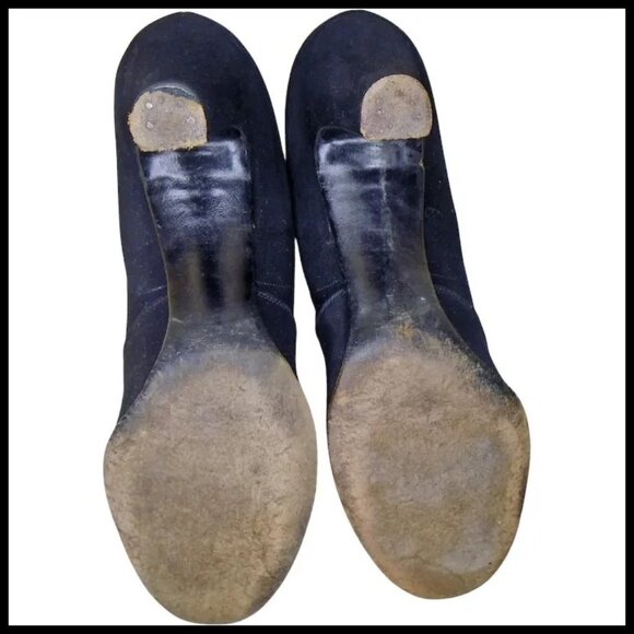 50s Vintage Black Baby Doll Pumps Heels Shoes, Sweetheart Vamp, Suede - Picture 6 of 15